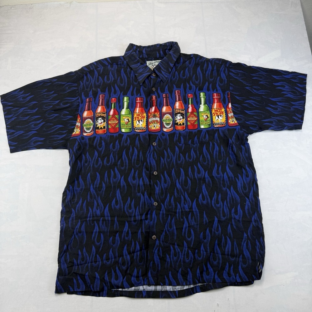 Vintage Big Dogs Mens XL Hot Sauce Bottles Blue Flame Hawaiian Button Shirt